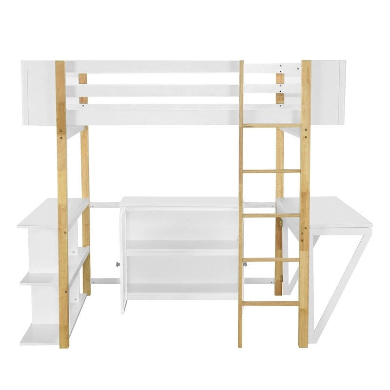 Full Size Wood Loft Bed With Built-in Storage Cabinet and Shelf, Foldable Desk