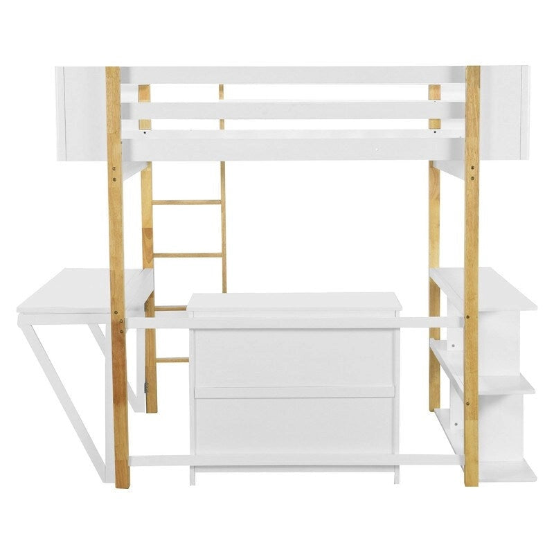 Full Size Wood Loft Bed With Built-in Storage Cabinet and Shelf, Foldable Desk