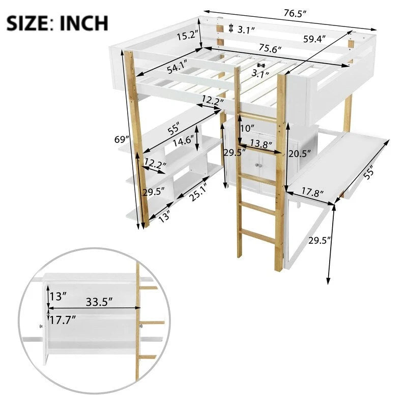 Full Size Wood Loft Bed With Built-in Storage Cabinet and Shelf, Foldable Desk