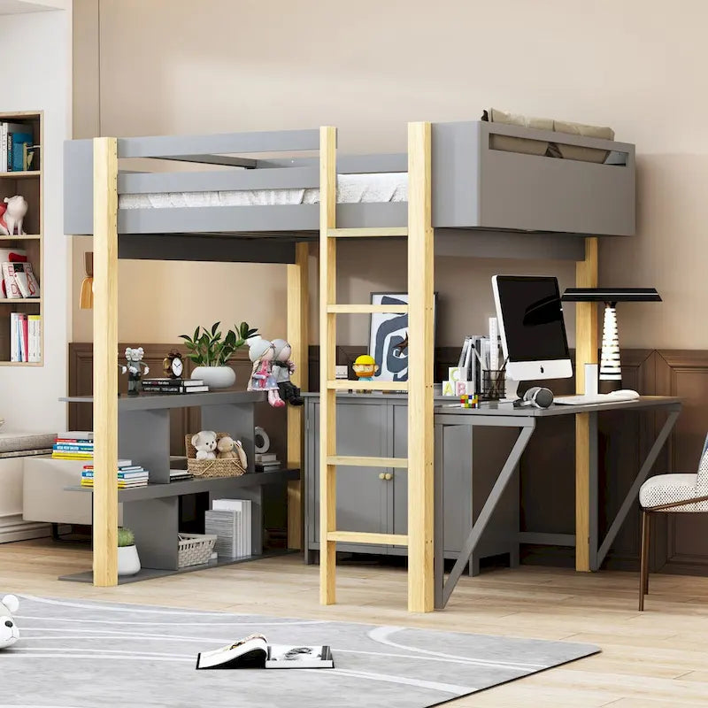 Full Size Wood Loft Bed With Built-in Storage Cabinet and Shelf, Foldable Desk