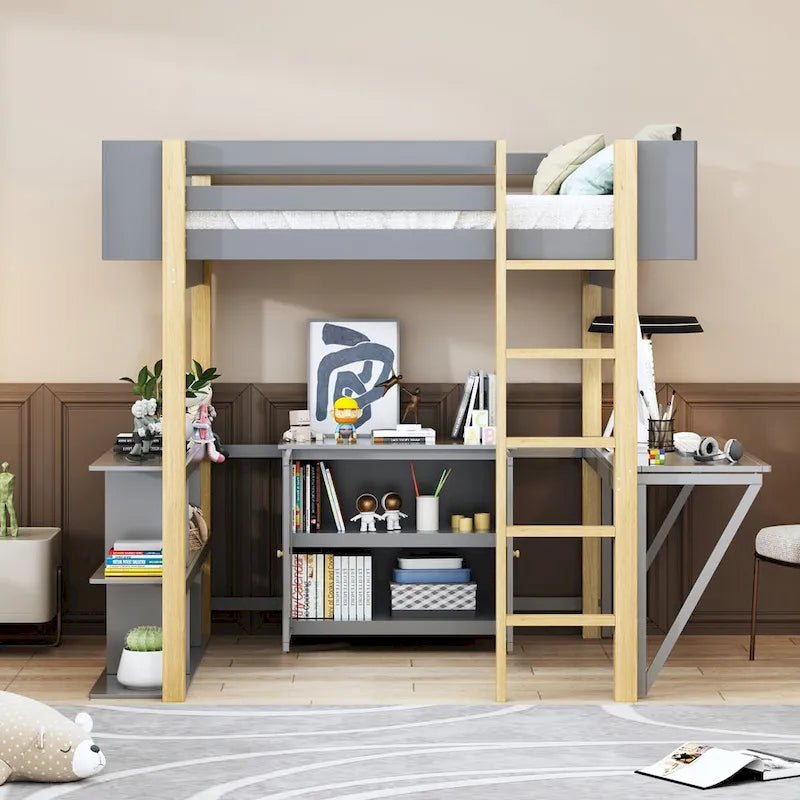Full Size Wood Loft Bed With Built-in Storage Cabinet and Shelf, Foldable Desk