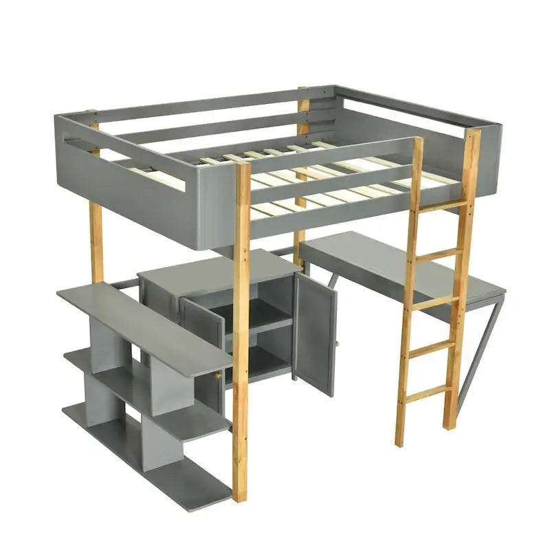Full Size Wood Loft Bed With Built-in Storage Cabinet and Shelf, Foldable Desk