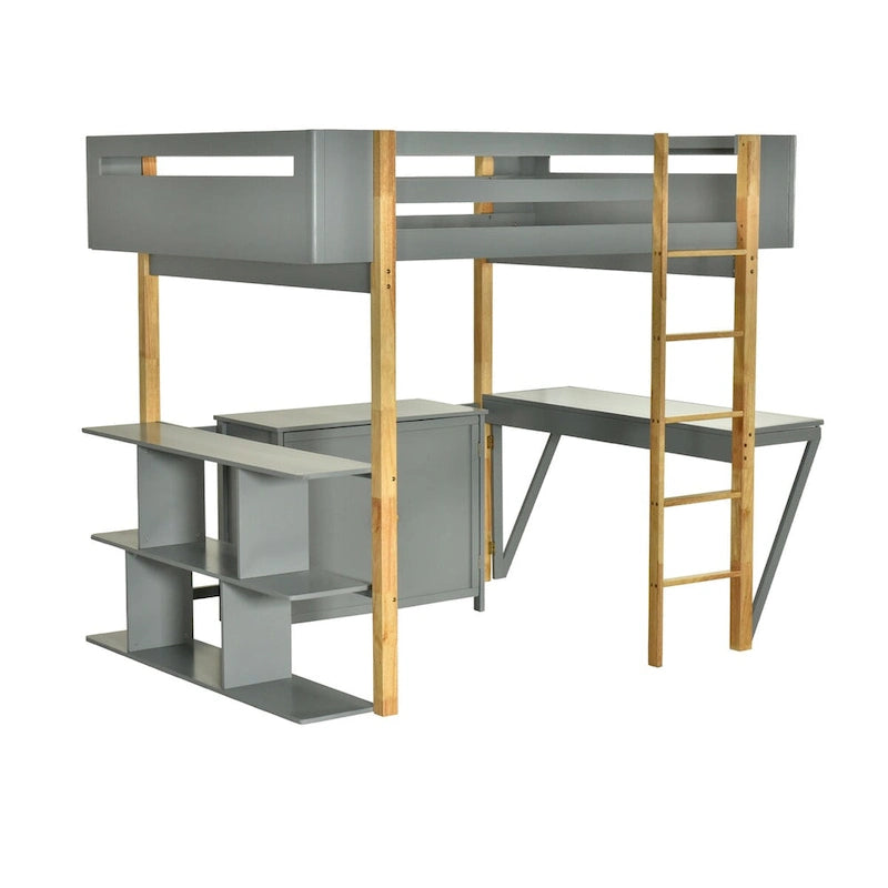 Full Size Wood Loft Bed With Built-in Storage Cabinet and Shelf, Foldable Desk
